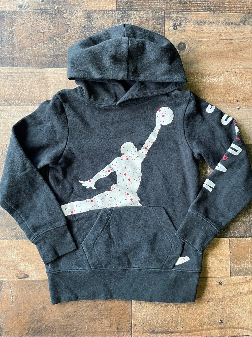 Boy's Jordan Pullover Black Hoodie with White & Red Jumpman Graphic | S (8-10)